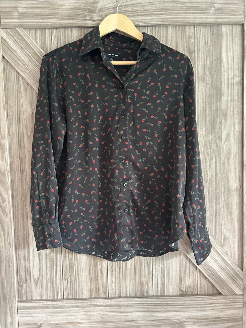 Club Monaco 100% Silk Ditsy Floral Rose Bud Long Sleeve Button Down Blouse M